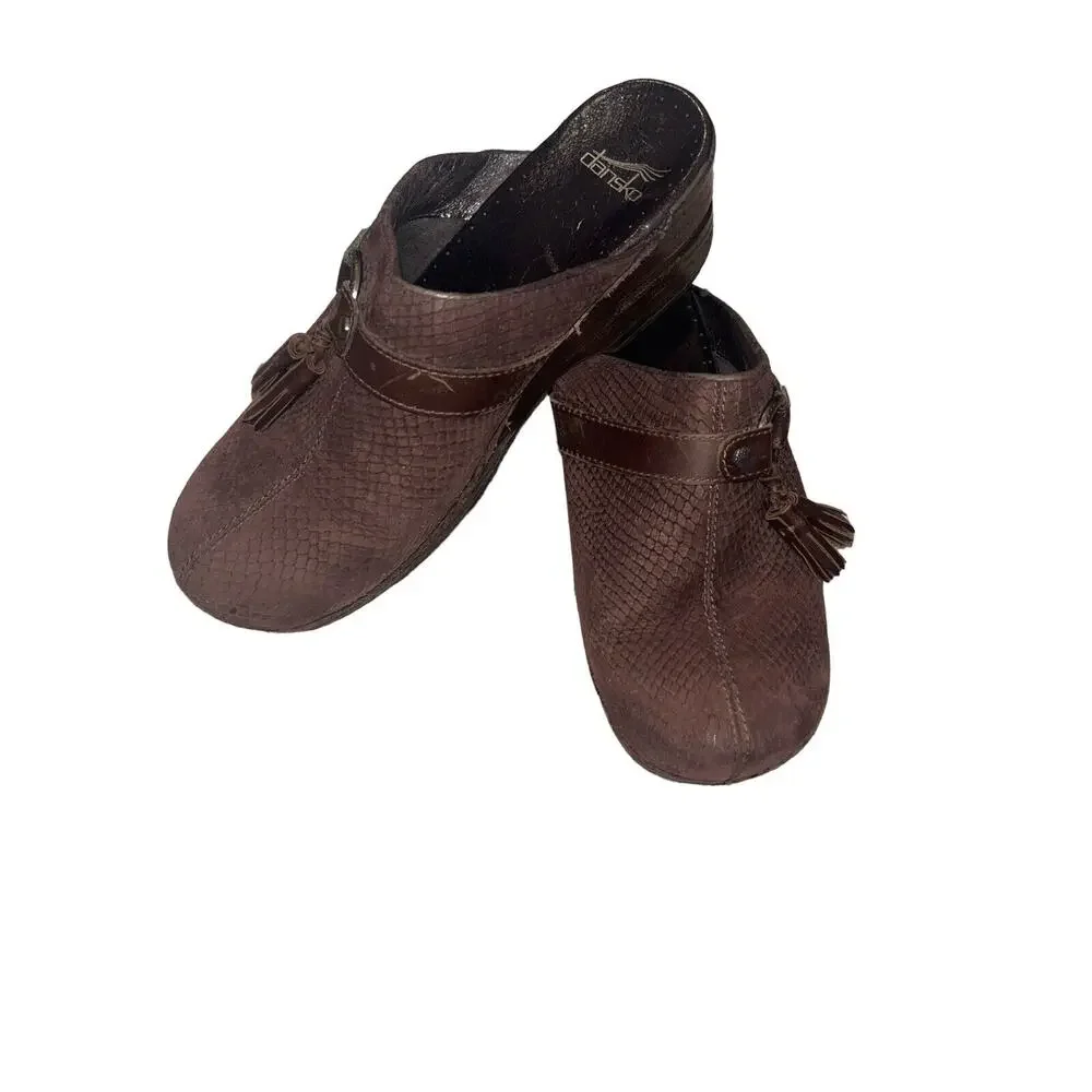 Dansko Shandi Clogs Mules Snakeskin Brown Leather Tasseled Slip-On Shoes Size 41